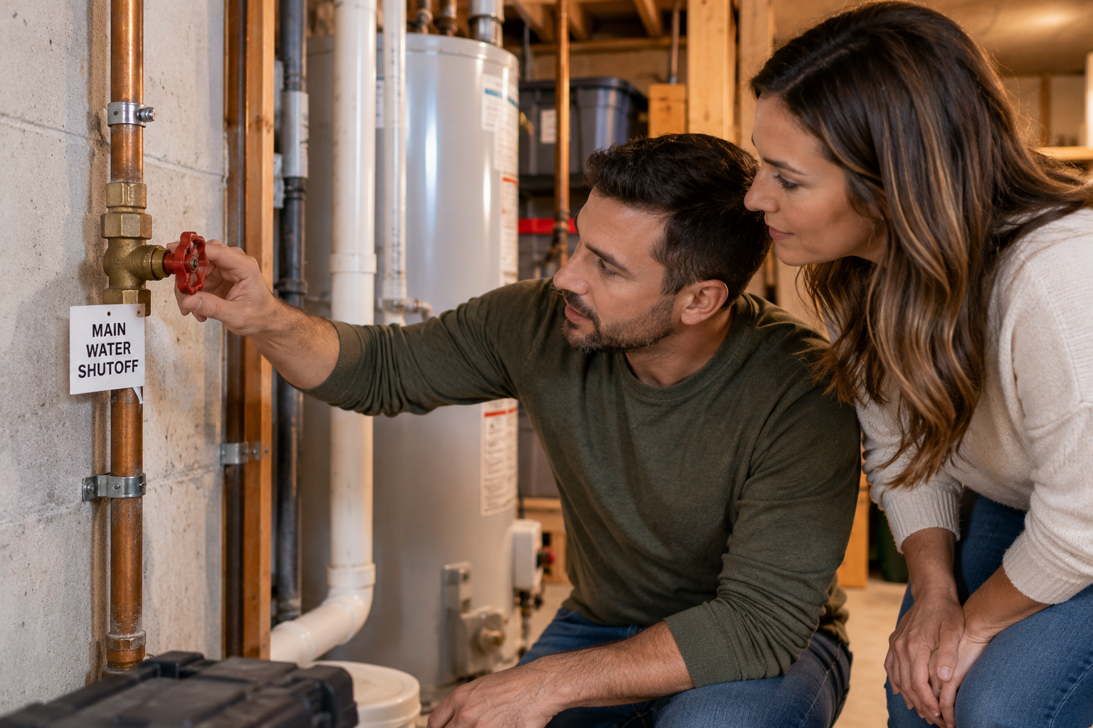 Homeowners locating the main water shutoff valve in their basement to prepare for a plumbing emergency. Homeowners locating the main water shutoff valve in their basement to prepare for a plumbing emergency.