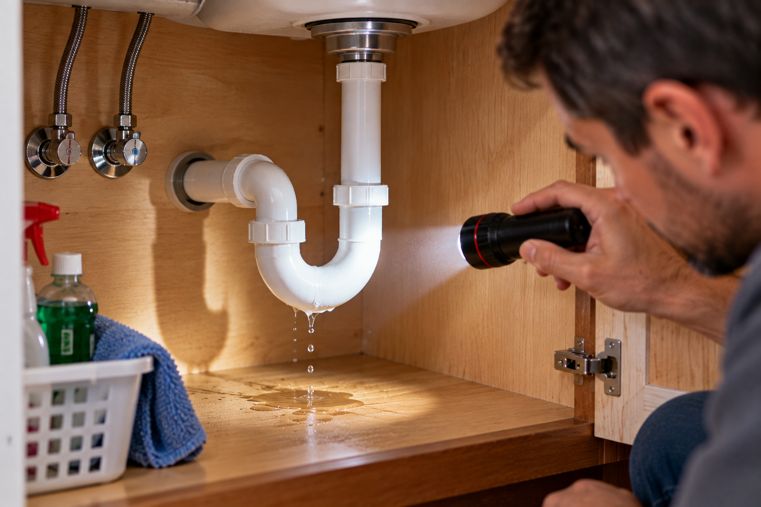 Homeowner using a flashlight to check for a small leak under a kitchen sink during a seasonal plumbing inspection. Homeowner using a flashlight to check for a small leak under a kitchen sink during a seasonal plumbing inspection.
