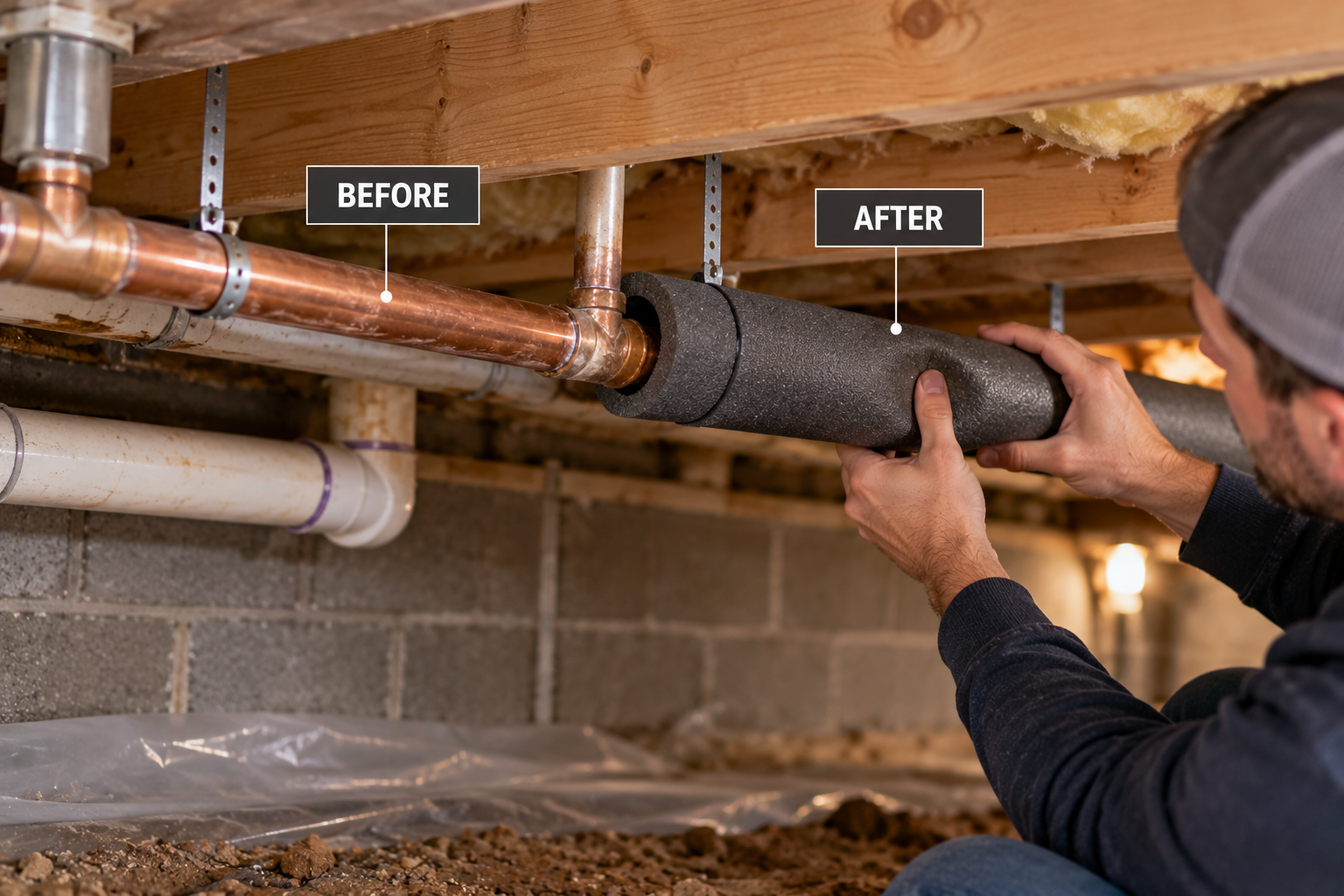 Homeowner insulating exposed plumbing pipes in a crawl space to help protect them from freezing temperatures. Homeowner insulating exposed plumbing pipes in a crawl space to help protect them from freezing temperatures.