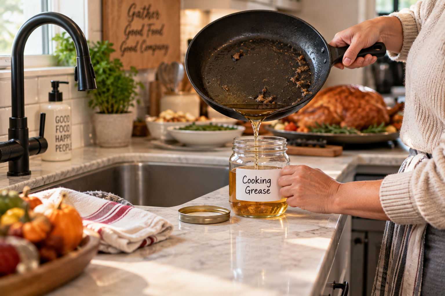 Homeowner pouring leftover cooking grease into a jar instead of the kitchen drain to help prevent plumbing clogs. Homeowner pouring leftover cooking grease into a jar instead of the kitchen drain to help prevent plumbing clogs.