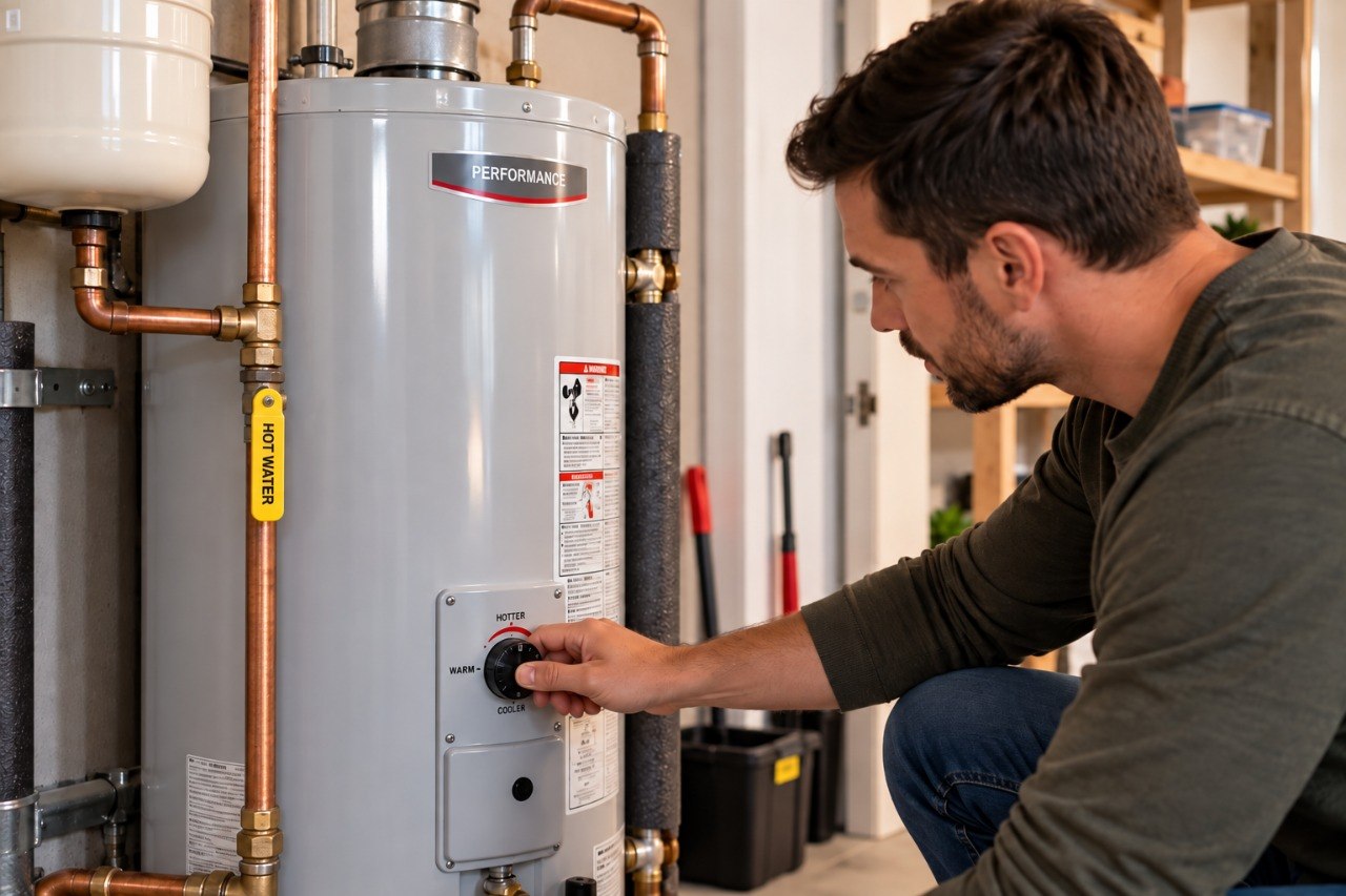 Homeowner inspecting a traditional tank water heater and plumbing connections before cooler fall weather arrives. Homeowner inspecting a traditional tank water heater and plumbing connections before cooler fall weather arrives.