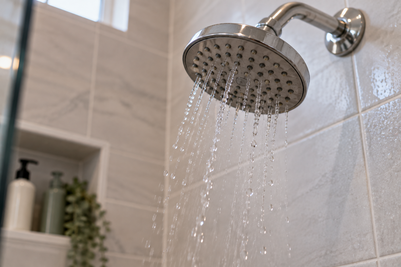 Showerhead with weak, uneven water flow showing signs of low water pressure in a modern bathroom. Showerhead with weak, uneven water flow showing signs of low water pressure in a modern bathroom.