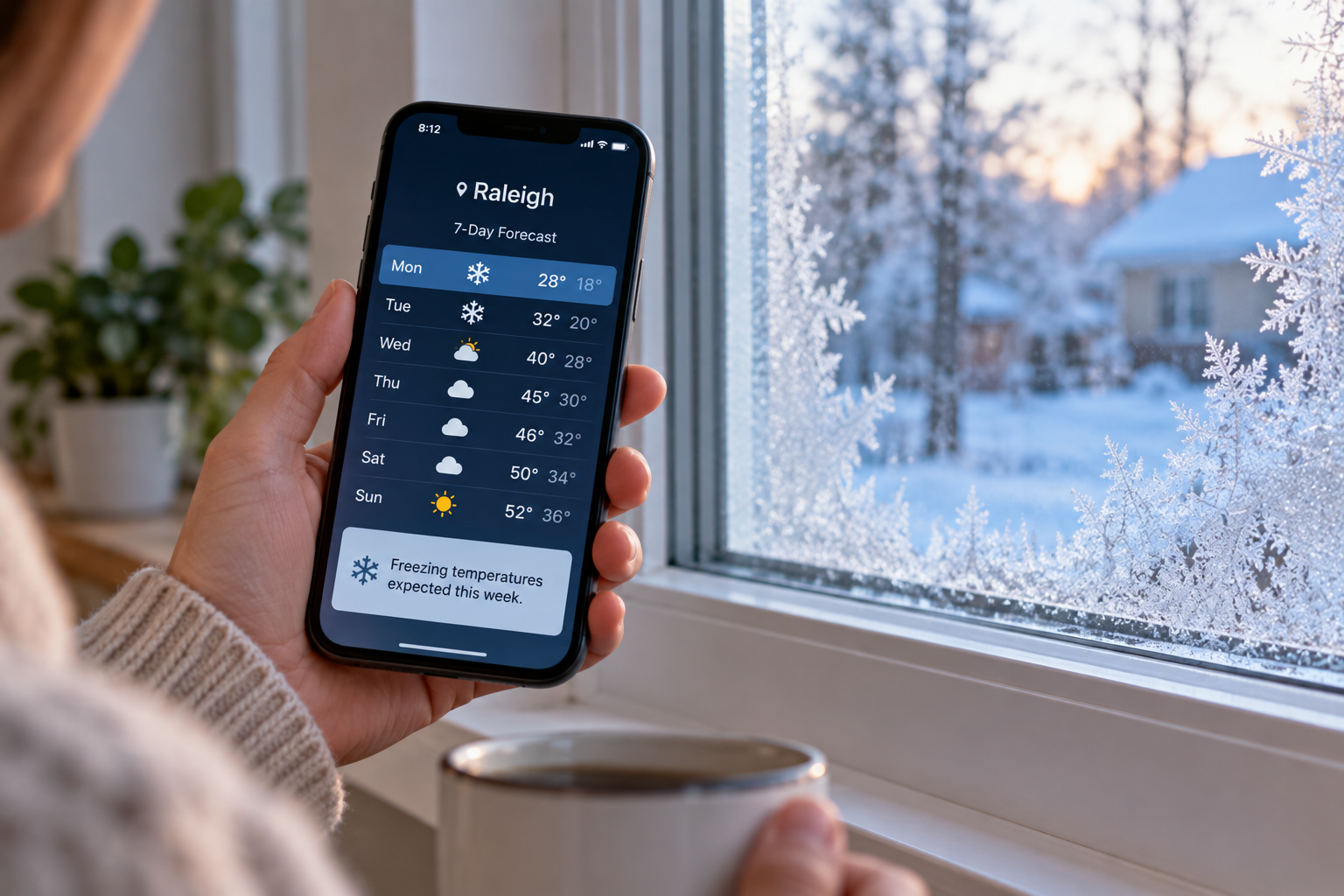 Homeowner checking a Raleigh weather forecast for freezing temperatures to prepare home plumbing before the first freeze. Homeowner checking a Raleigh weather forecast for freezing temperatures to prepare home plumbing before the first freeze.