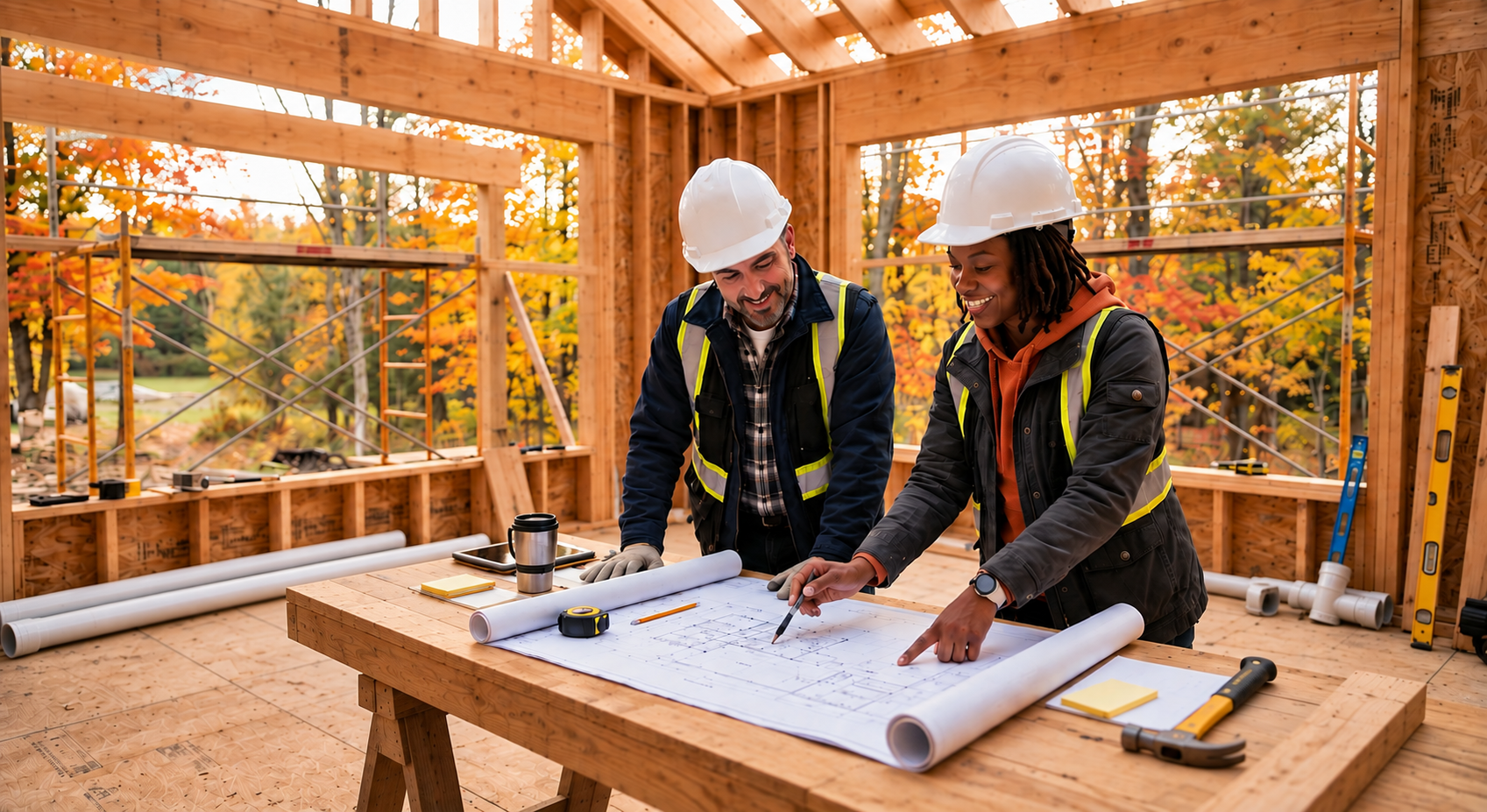 Custom home builders reviewing plumbing blueprints inside a new construction home with PVC pipes and fall foliage. Custom home builders reviewing plumbing blueprints inside a new construction home with PVC pipes and fall foliage.