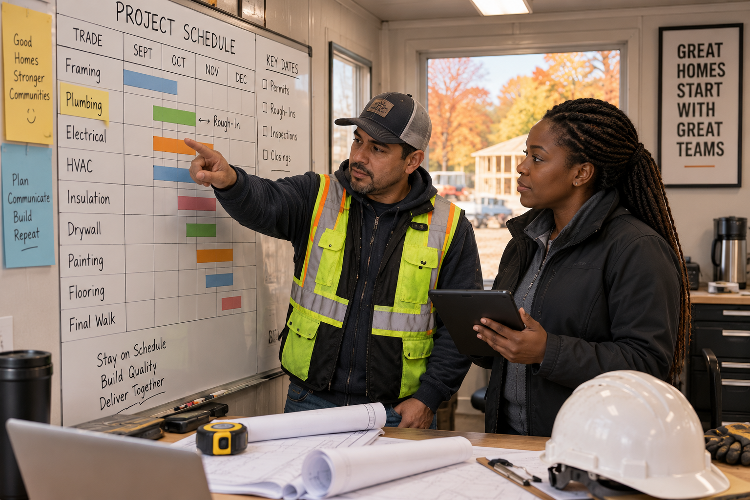 Custom home builder and project manager coordinating plumbing rough-in scheduling for a new construction home during fall. Custom home builder and project manager coordinating plumbing rough-in scheduling for a new construction home during fall.