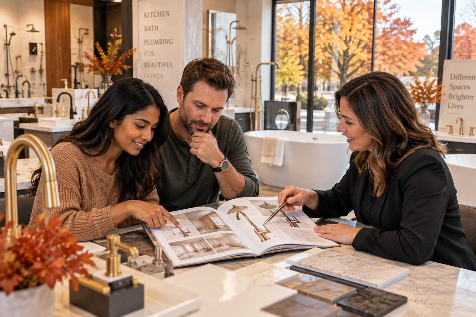 Homeowners and designer reviewing luxury plumbing fixtures, faucets, and a freestanding tub for a custom home project. Homeowners and designer reviewing luxury plumbing fixtures, faucets, and a freestanding tub for a custom home project.
