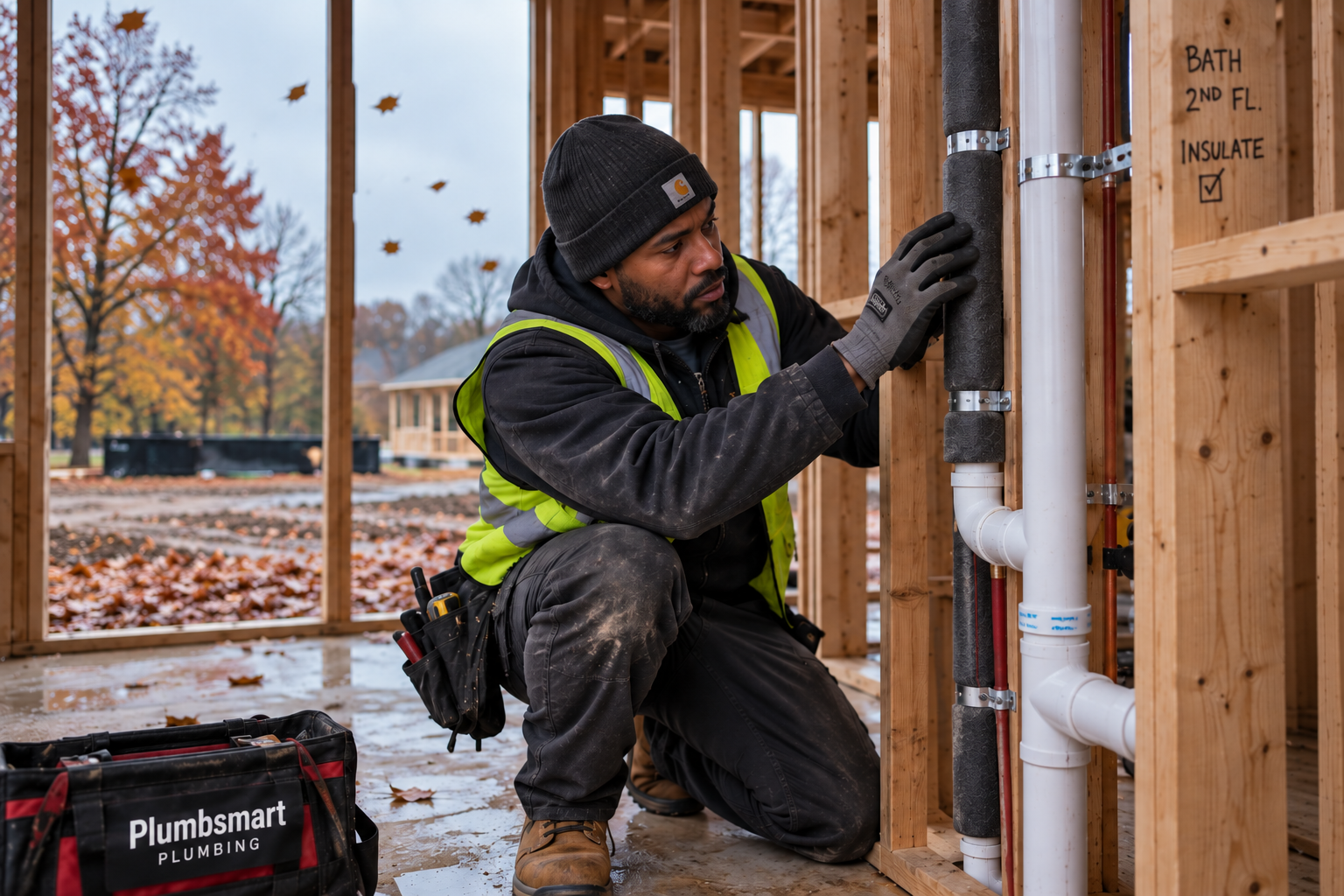 Plumb Smart Plumbing contractor inspecting insulated pipes inside an unfinished custom home during cold fall weather. Plumb Smart Plumbing contractor inspecting insulated pipes inside an unfinished custom home during cold fall weather.