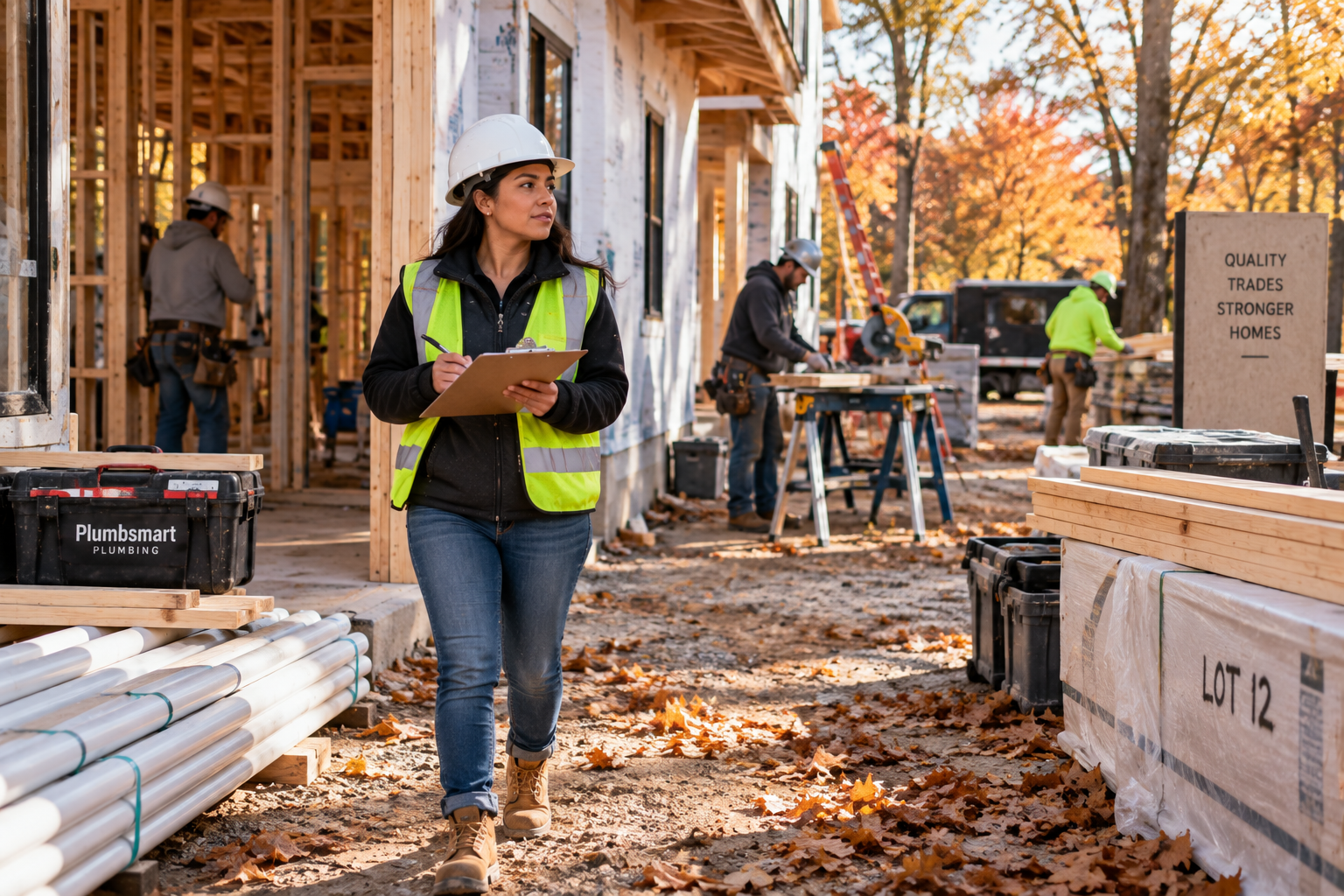Female site supervisor inspecting an organized custom home construction jobsite with plumbing materials and trades working during fall. Female site supervisor inspecting an organized custom home construction jobsite with plumbing materials and trades working during fall.