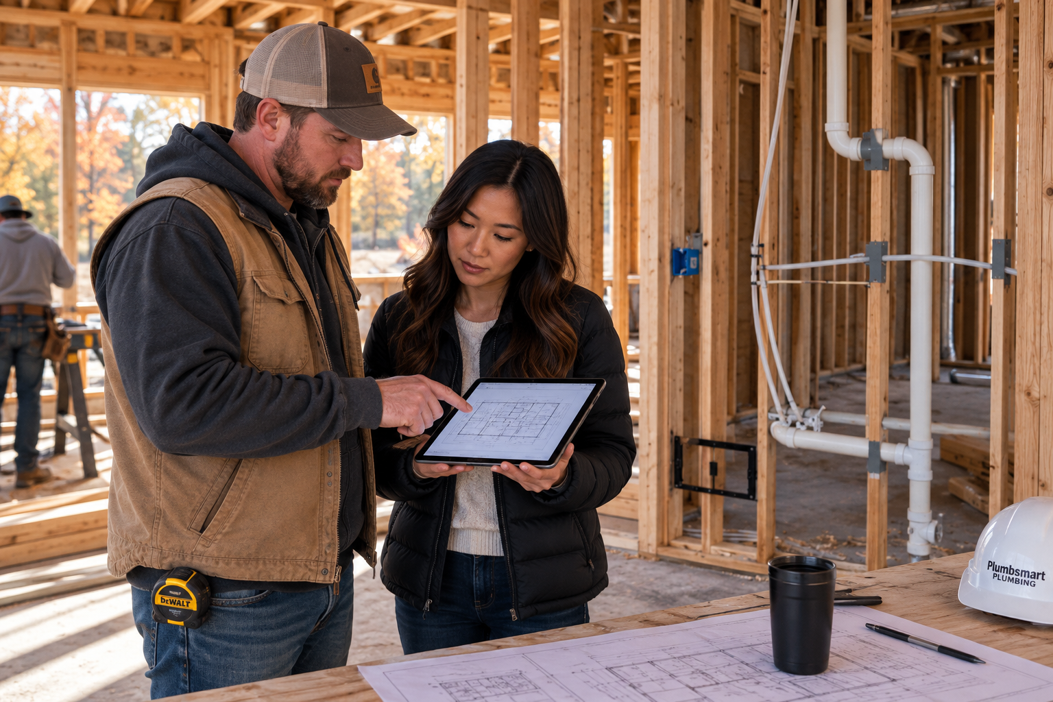 Custom home builder and homeowner reviewing floor plan changes during plumbing rough-in inside a new construction home. Custom home builder and homeowner reviewing floor plan changes during plumbing rough-in inside a new construction home.