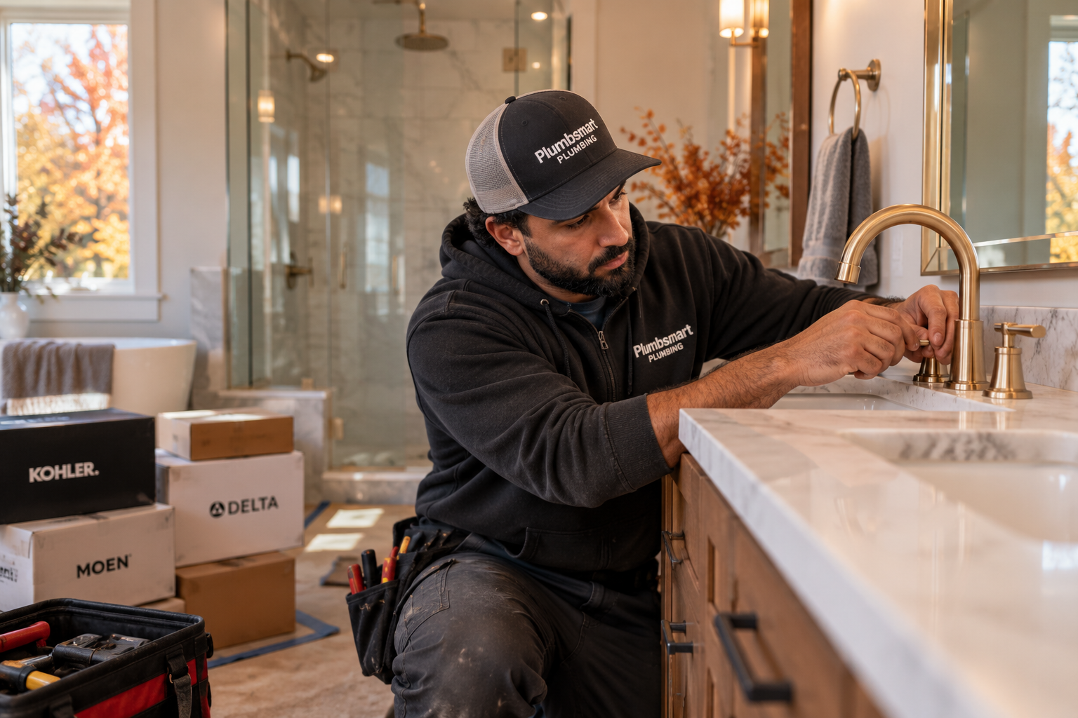 Plumb Smart plumber installing a luxury bathroom faucet during plumbing trim-out in a custom new construction home. Plumb Smart plumber installing a luxury bathroom faucet during plumbing trim-out in a custom new construction home.
