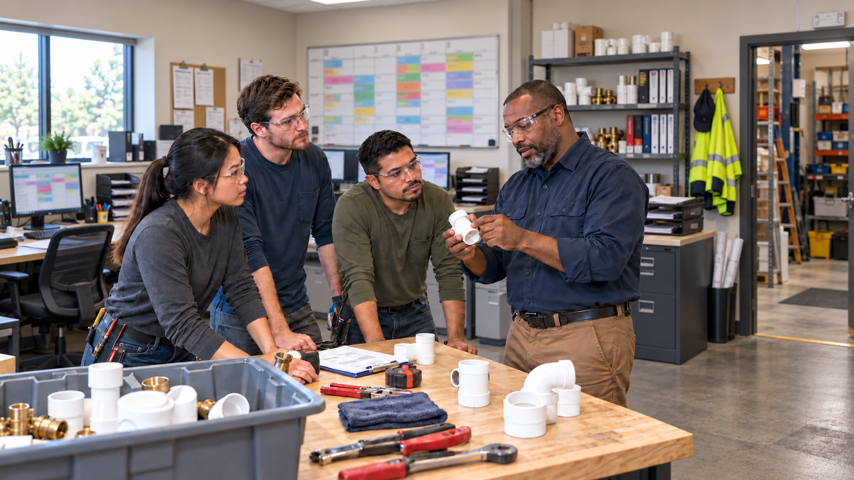 Diverse plumbing trainees learning to identify PVC fittings with an experienced instructor inside a plumbing company training office. Diverse plumbing trainees learning to identify PVC fittings with an experienced instructor inside a plumbing company training office.