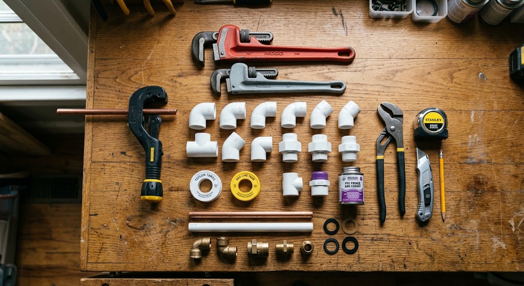 Common plumbing tools, PVC fittings, copper pipes, and installation supplies arranged on a wooden workbench for trade training. Common plumbing tools, PVC fittings, copper pipes, and installation supplies arranged on a wooden workbench for trade training.