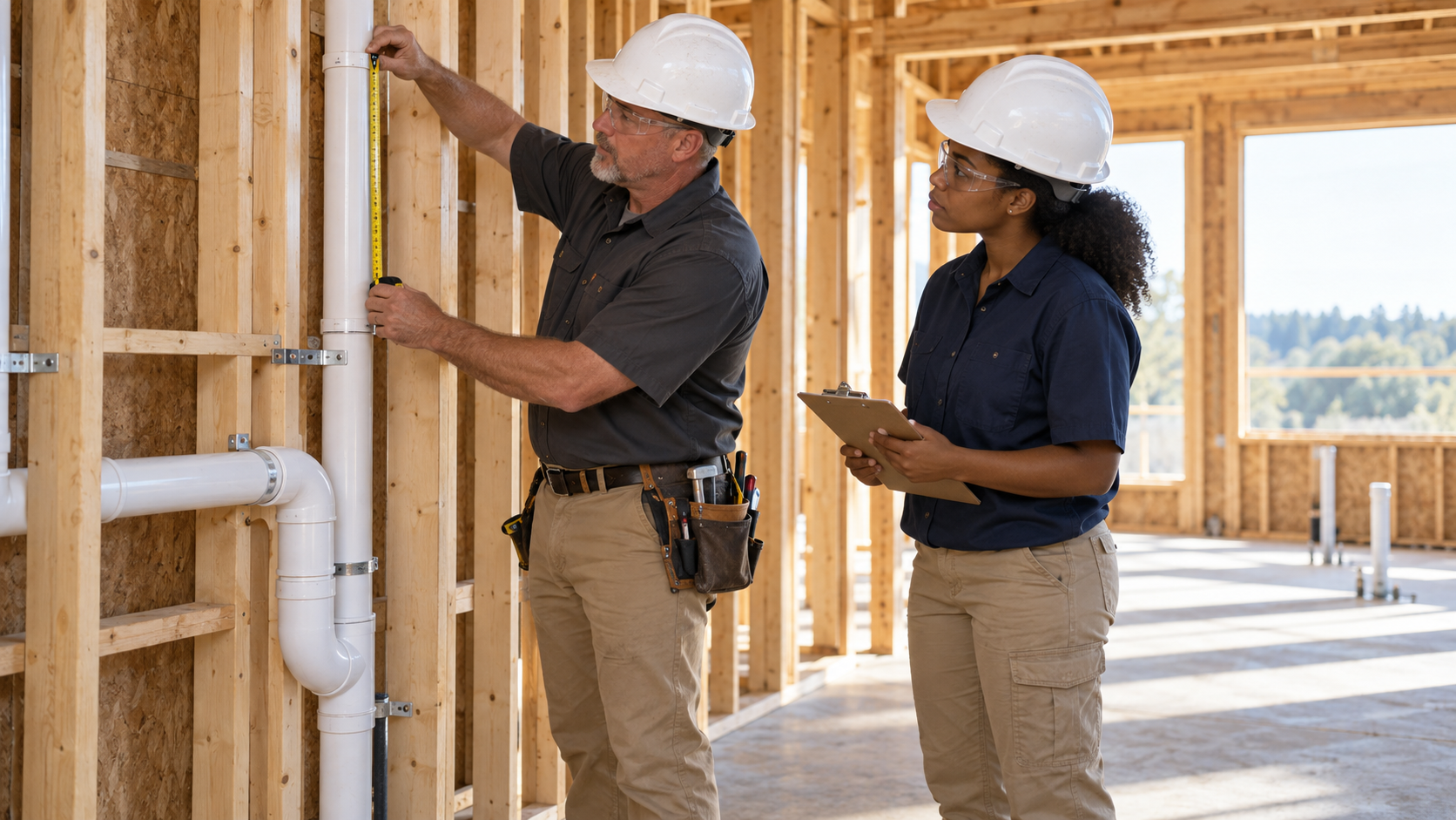Experienced plumber teaching a female apprentice how to measure PVC piping during a residential plumbing rough-in. Experienced plumber teaching a female apprentice how to measure PVC piping during a residential plumbing rough-in.