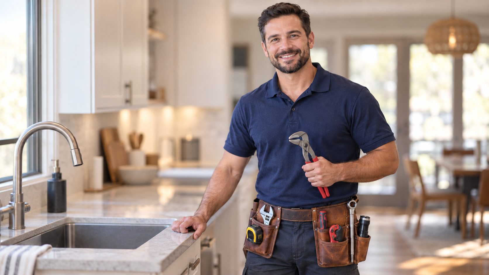 Experienced residential plumber holding plumbing pliers beside a modern kitchen sink. Experienced residential plumber holding plumbing pliers beside a modern kitchen sink.