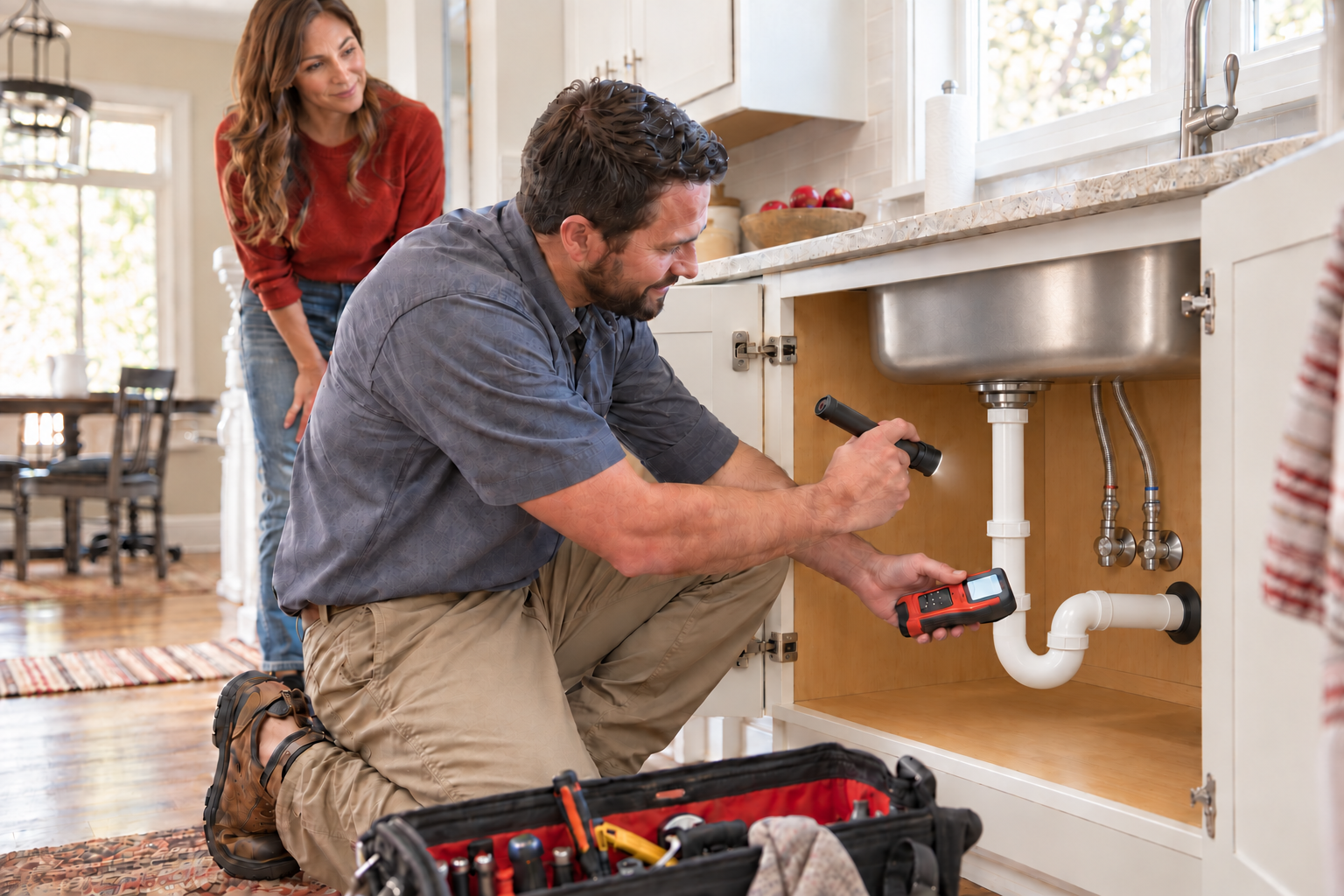Plumb Smart Plumbing technician performing an under-sink plumbing assessment for a homeowner in the Triangle Area of North Carolina. Plumb Smart Plumbing technician performing an under-sink plumbing assessment for a homeowner in the Triangle Area of North Carolina.