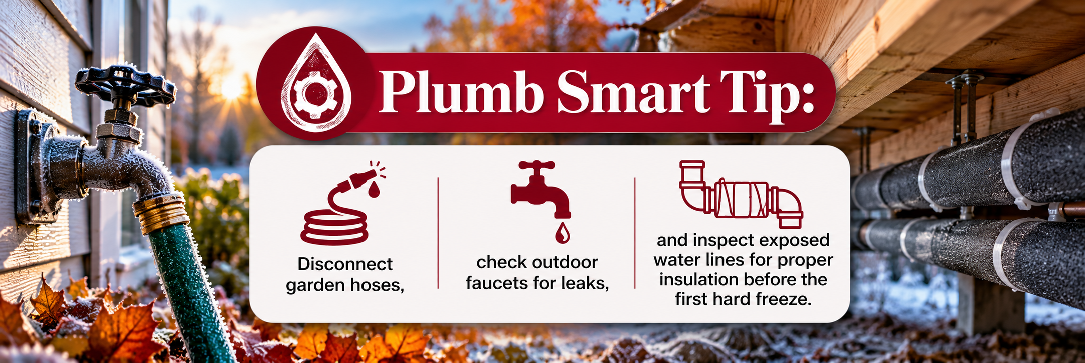 Plumb Smart Plumbing fall maintenance tip showing an outdoor water faucet and garden hose, reminding Youngsville and Triangle NC homeowners to disconnect hoses, check for leaks, and insulate exposed water pipes before freezing temperatures arrive. Plumb Smart Plumbing fall maintenance tip showing an outdoor water faucet and garden hose, reminding Youngsville and Triangle NC homeowners to disconnect hoses, check for leaks, and insulate exposed water pipes before freezing temperatures arrive.
