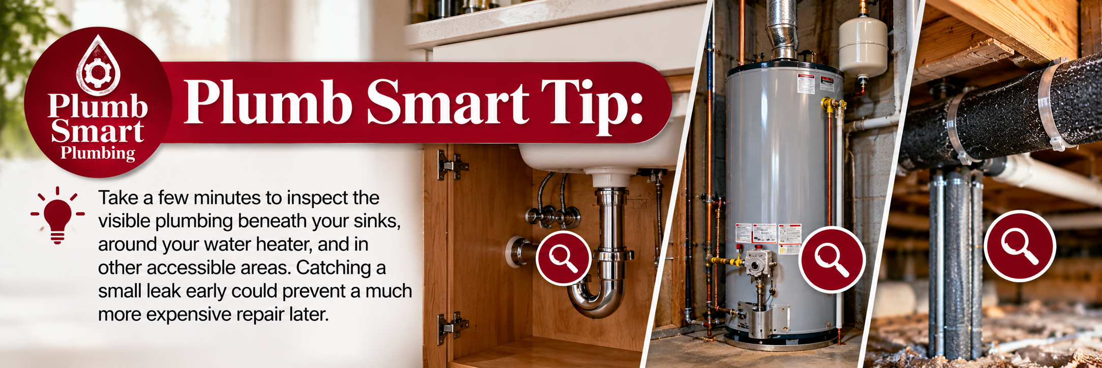 Plumb Smart Plumbing home maintenance tip showing under-sink pipes, a water heater, and exposed plumbing lines to help homeowners in Youngsville, Wake Forest, and the Triangle NC area identify leaks early and prevent costly plumbing repairs. Plumb Smart Plumbing home maintenance tip showing under-sink pipes, a water heater, and exposed plumbing lines to help homeowners in Youngsville, Wake Forest, and the Triangle NC area identify leaks early and prevent costly plumbing repairs.