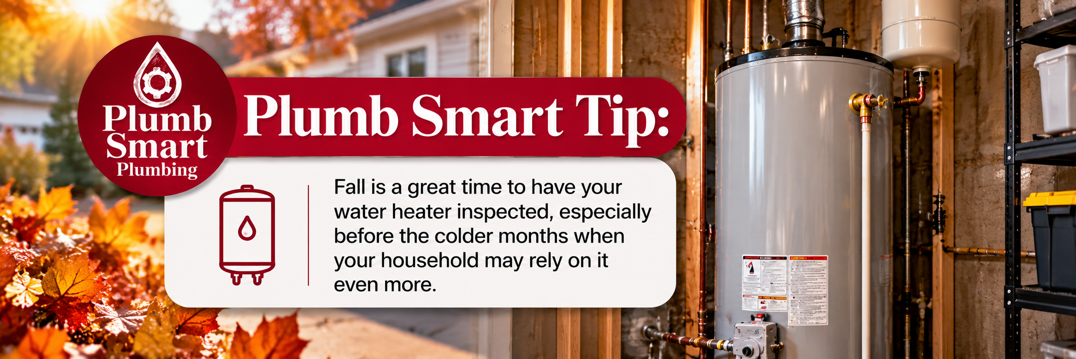 Plumb Smart Plumbing fall water heater maintenance tip featuring a residential water heater and autumn scenery, encouraging homeowners in Youngsville, Wake Forest, and the Triangle NC area to schedule a water heater inspection before colder weather arrives. Plumb Smart Plumbing fall water heater maintenance tip featuring a residential water heater and autumn scenery, encouraging homeowners in Youngsville, Wake Forest, and the Triangle NC area to schedule a water heater inspection before colder weather arrives.