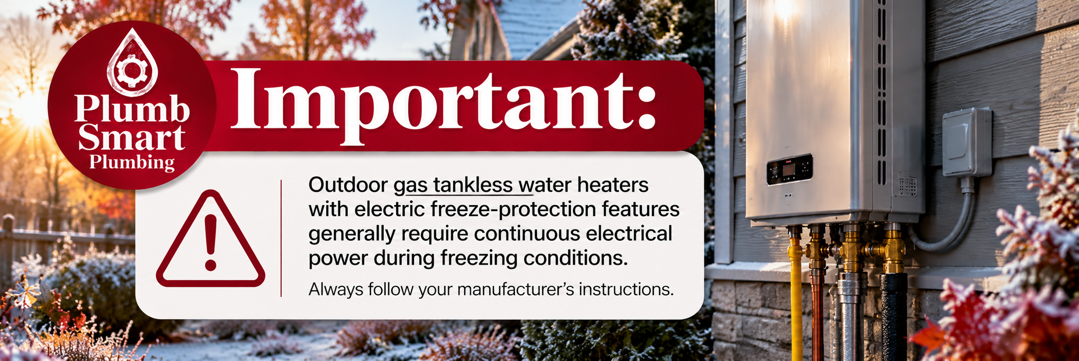 Plumb Smart Plumbing freeze protection warning showing an outdoor gas tankless water heater, reminding homeowners in Youngsville, Wake Forest, and the Triangle NC area to maintain electrical power during freezing temperatures to help prevent plumbing damage. Plumb Smart Plumbing freeze protection warning showing an outdoor gas tankless water heater, reminding homeowners in Youngsville, Wake Forest, and the Triangle NC area to maintain electrical power during freezing temperatures to help prevent plumbing damage.