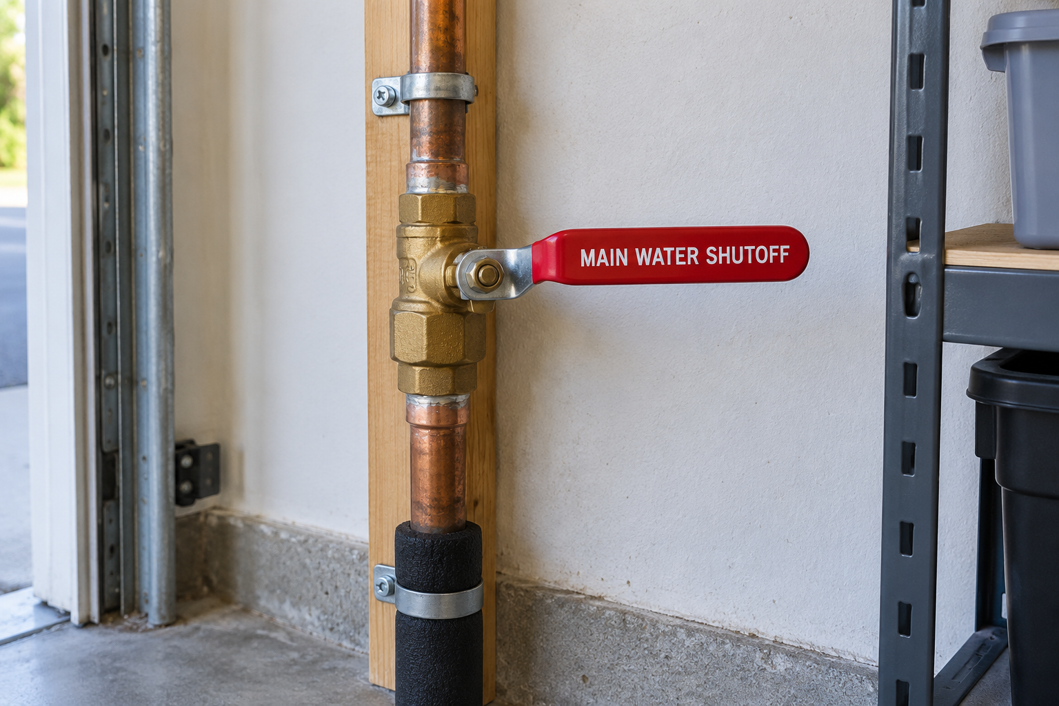 Main water shutoff valve assembly in garage