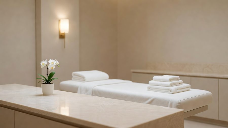 Calm med spa treatment room with folded towels and an orchid