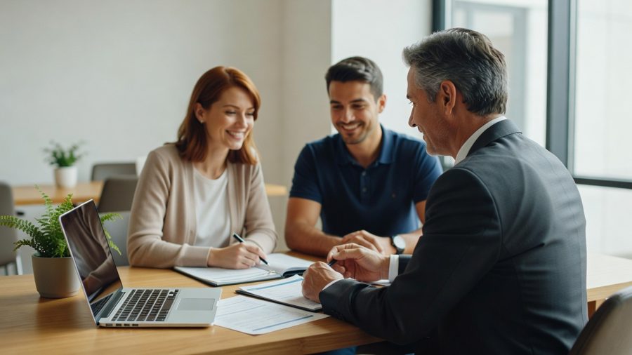 Financial advisor reviewing paperwork with a smiling couple at an office table