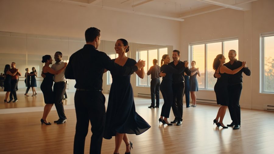 Partner dance class in a bright studio at sunset