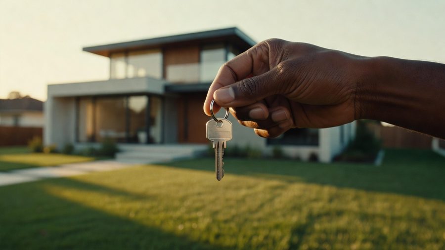 Hand holding house keys in front of a modern home at golden hour