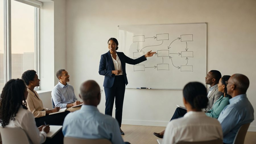 Coach presenting a diagram on a whiteboard to a diverse group of adults