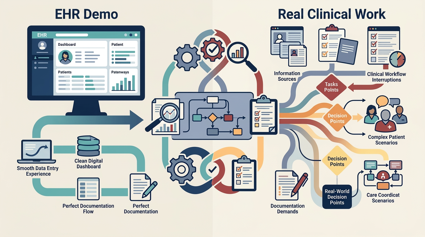 Healthcare technology illustration comparing a polished EHR demonstration with complex real-world clinical workflows connected through a workflow evaluation process. Healthcare technology illustration comparing a polished EHR demonstration with complex real-world clinical workflows connected through a workflow evaluation process.