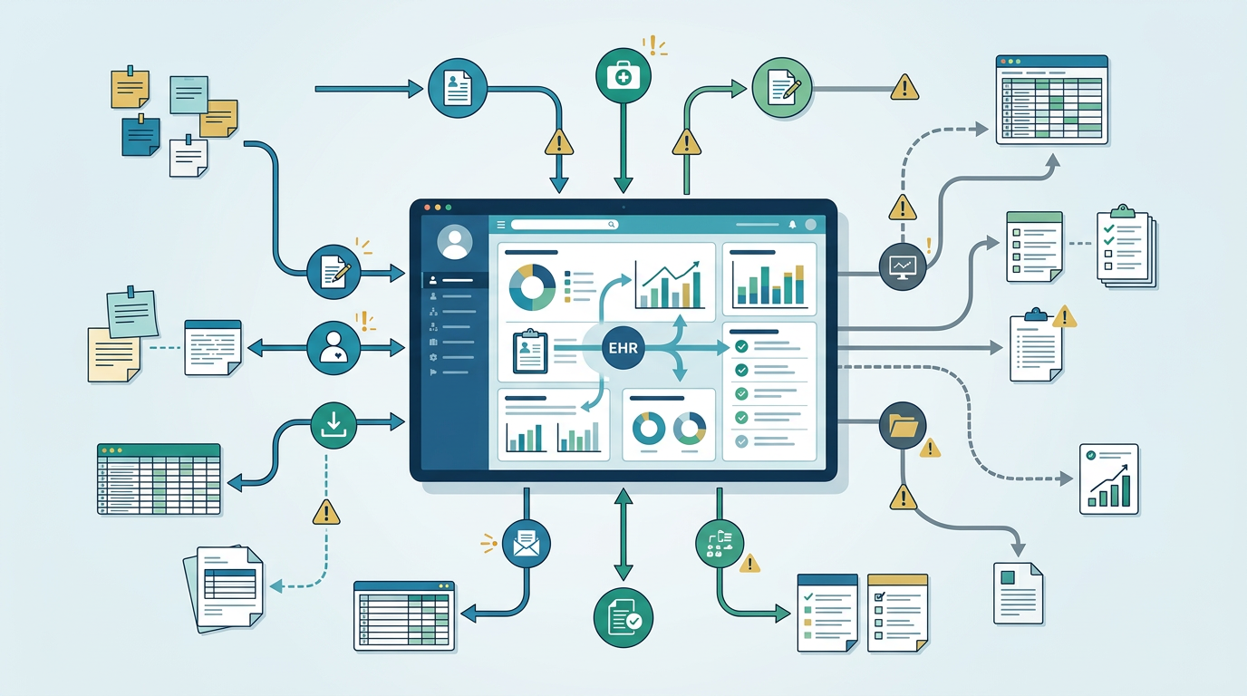 Healthcare infographic showing EHR workarounds including spreadsheets, shadow documentation, manual task lists, and paper processes creating patient safety, compliance, and efficiency risks.