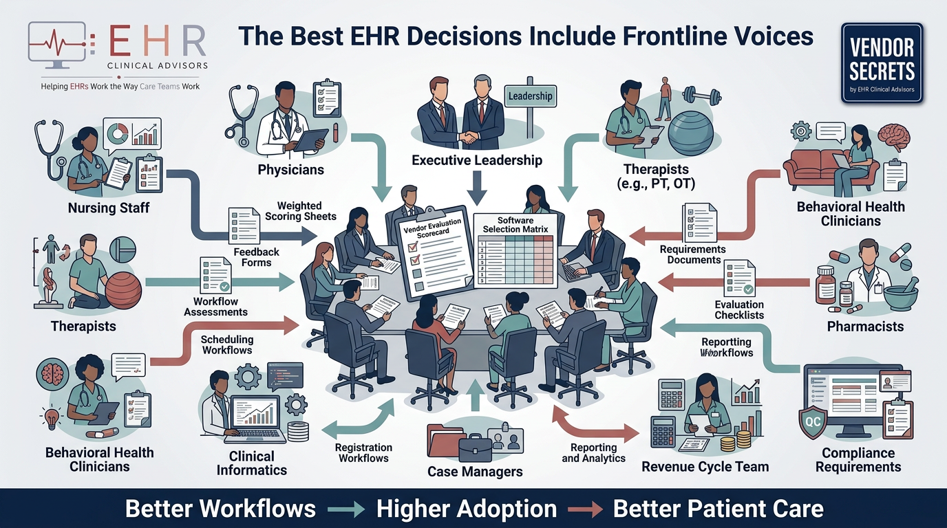 Healthcare infographic showing nursing staff, physicians, therapists, operational teams, and technology leaders contributing workflow feedback and evaluation scores to a central EHR selection committee. Arrows connect stakeholder input to the software evaluation process, illustrating a collaborative approach to EHR decision-making. Healthcare infographic showing nursing staff, physicians, therapists, operational teams, and technology leaders contributing workflow feedback and evaluation scores to a central EHR selection committee. Arrows connect stakeholder input to the software evaluation process, illustrating a collaborative approach to EHR decision-making.