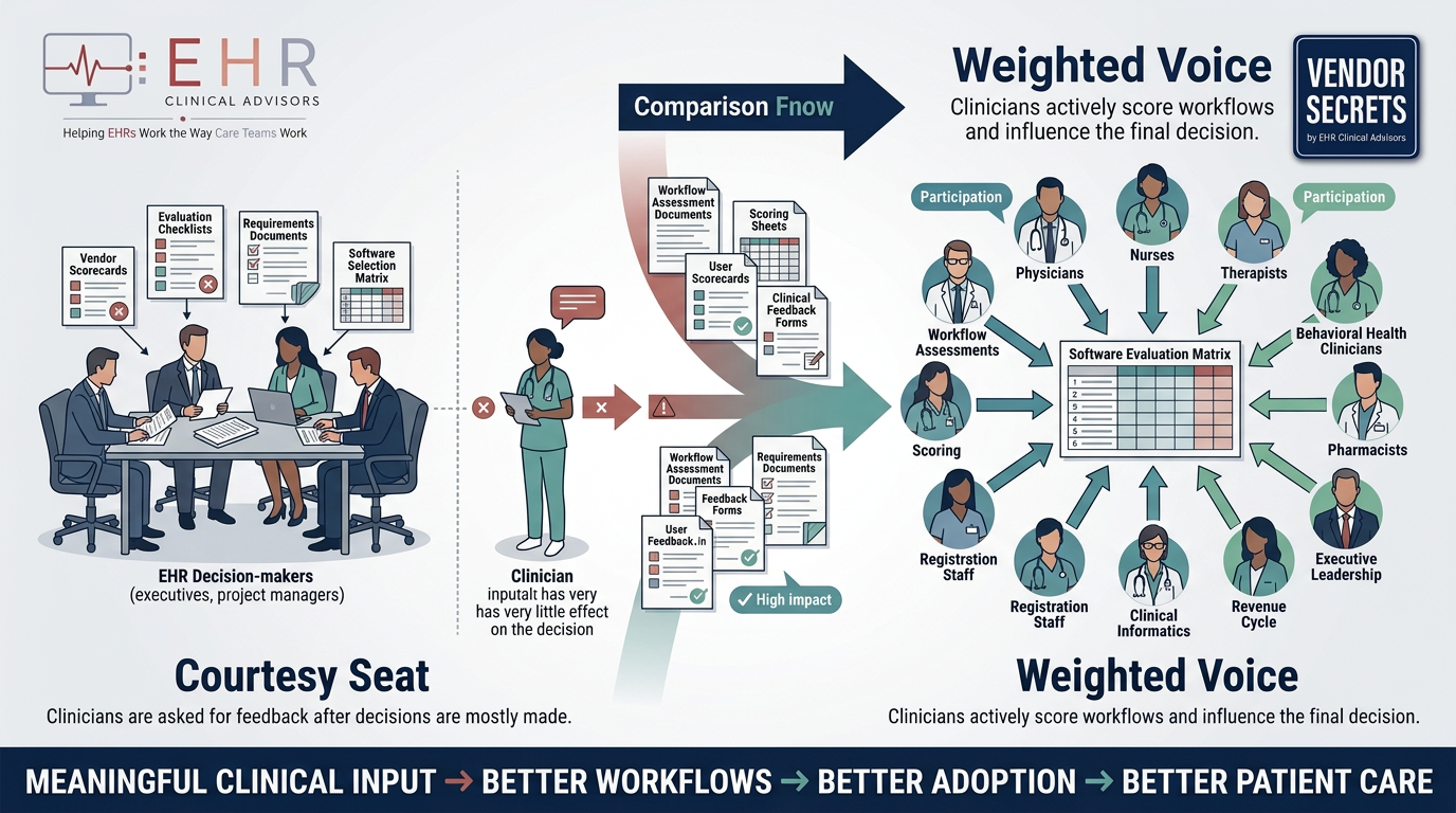 Infographic comparing two approaches to EHR selection. On the left, a small group of decision-makers evaluates software while a clinician has minimal influence on the process, representing a courtesy seat. On the right, nurses, physicians, therapists, behavioral health clinicians, pharmacists, operational teams, and leadership all contribute workflow assessments and scoring directly into a central software evaluation matrix, representing a weighted voice. Infographic comparing two approaches to EHR selection. On the left, a small group of decision-makers evaluates software while a clinician has minimal influence on the process, representing a courtesy seat. On the right, nurses, physicians, therapists, behavioral health clinicians, pharmacists, operational teams, and leadership all contribute workflow assessments and scoring directly into a central software evaluation matrix, representing a weighted voice.