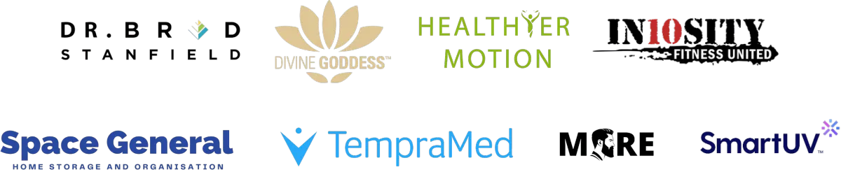Client logos: Dr. Brad Stanfield, Divine Goddess, Healthier Motion, In10sity Fitness, Space General, TempraMed, MORE, SmartUV
