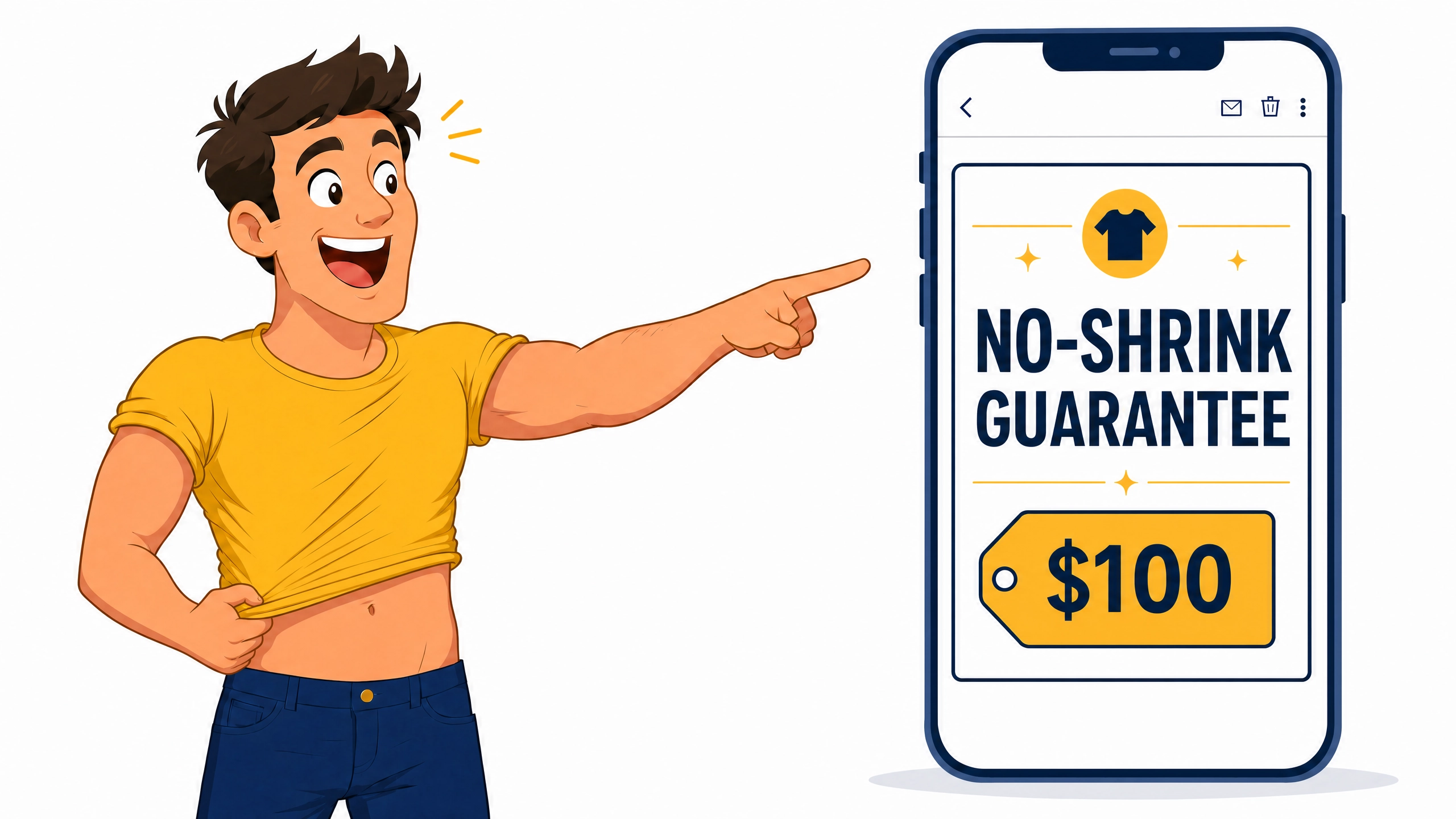 A shopper stuck in a shrunken t-shirt lights up at an email offering a $100 shirt with a no-shrink guarantee - the Hidden Desire Framework turning a real fear into a full-price sale.