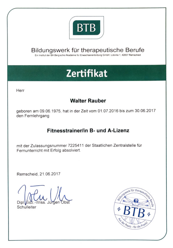 BTB Fitnesstrainer B- und A-Lizenz