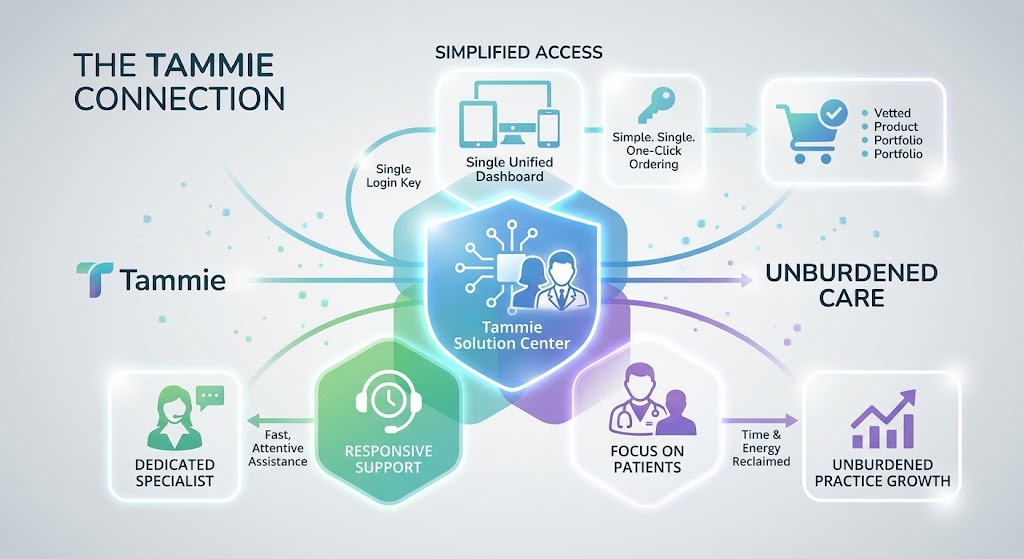 Diagram of The Tammie Connection: simplified access, dedicated support, and unburdened practice growth