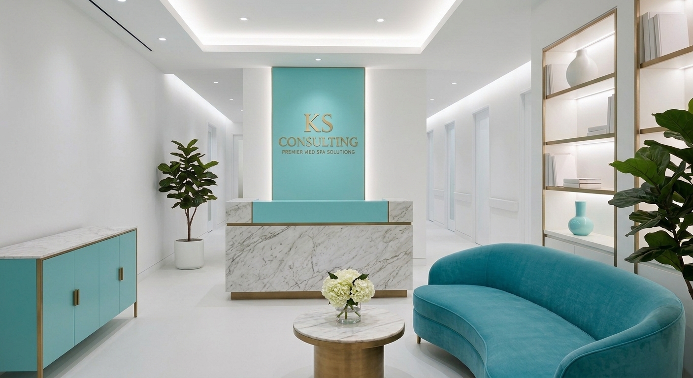 KS Consulting inspired med spa reception in teal and marble