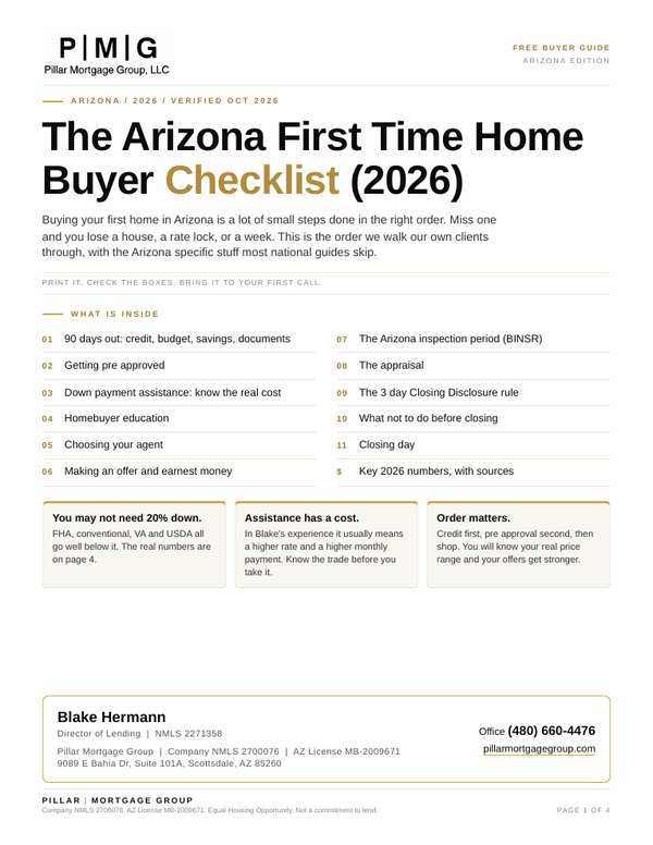 Cover of The Arizona First Time Home Buyer Checklist 2026 by Pillar Mortgage Group