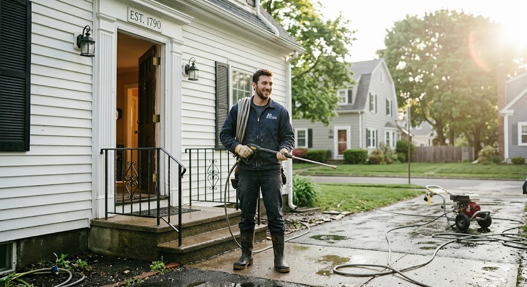 Professional pressure washing a home exterior in Wolfeboro NH