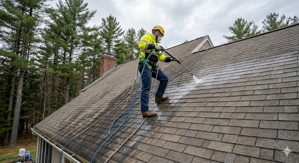 Professional pressure washing a home exterior in Dover NH
