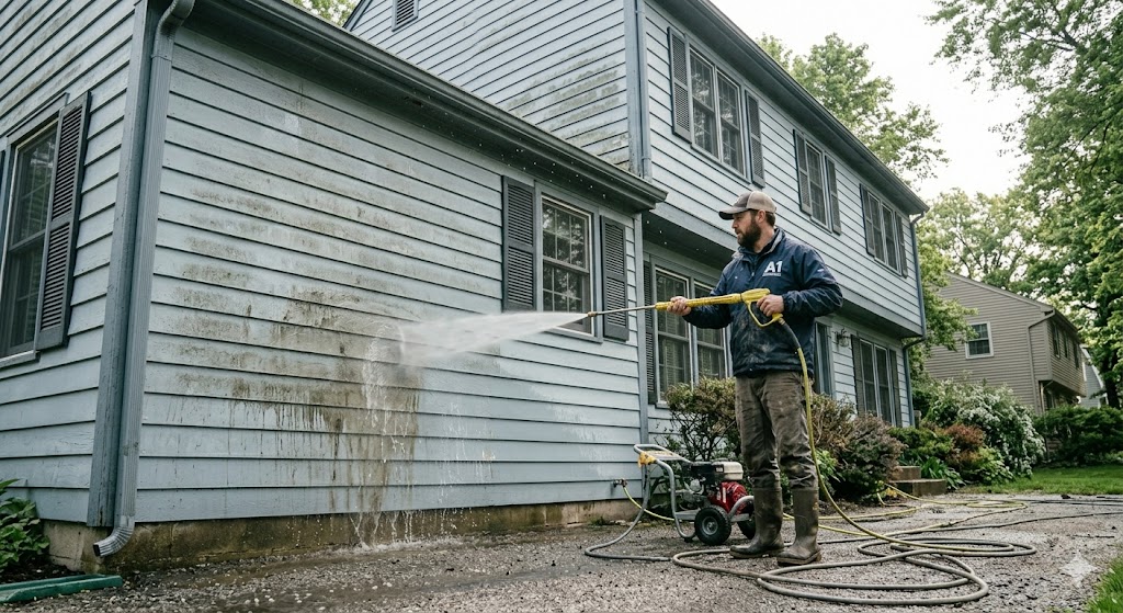 Professional pressure washing a home exterior in Wolfeboro NH