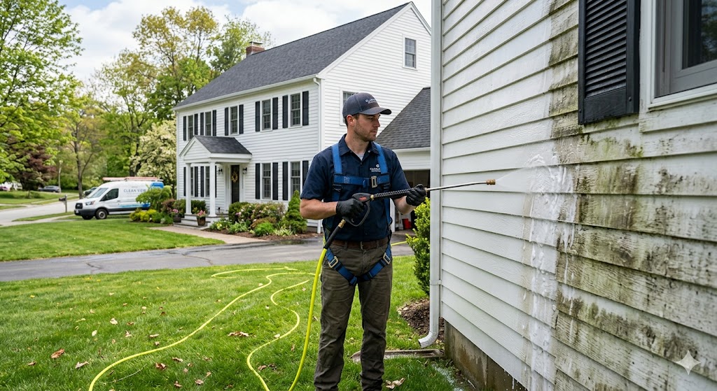 Professional pressure washing a home exterior in Dover NH
