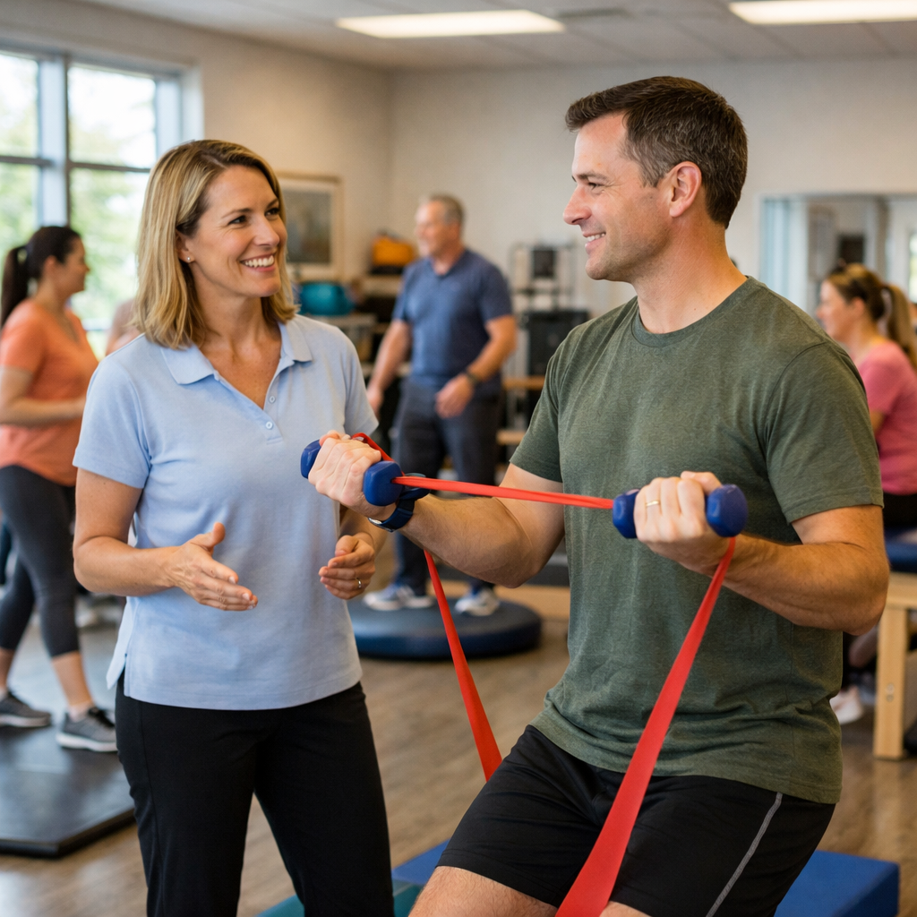 Therapist guiding a patient through a strengthening exercise