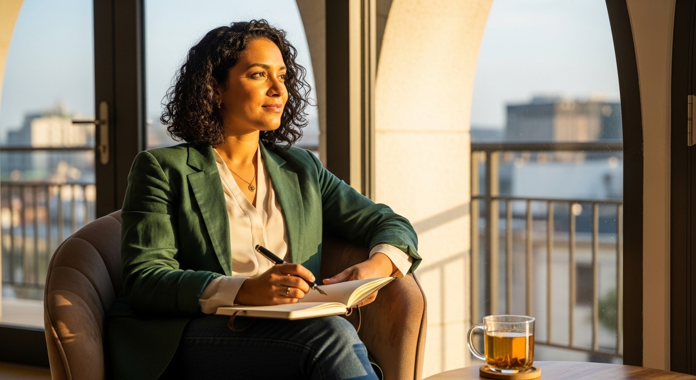 Woman looking forward at a threshold