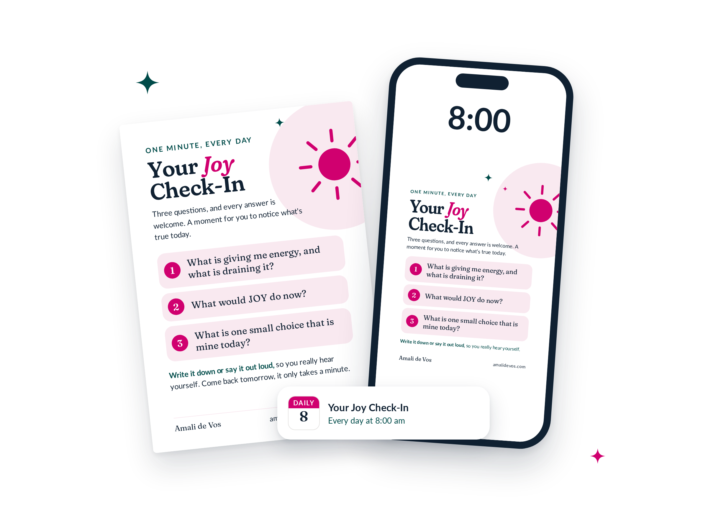 The Joy Check-In Pack: a card for your phone, a printable card for your fridge, and a daily calendar reminder