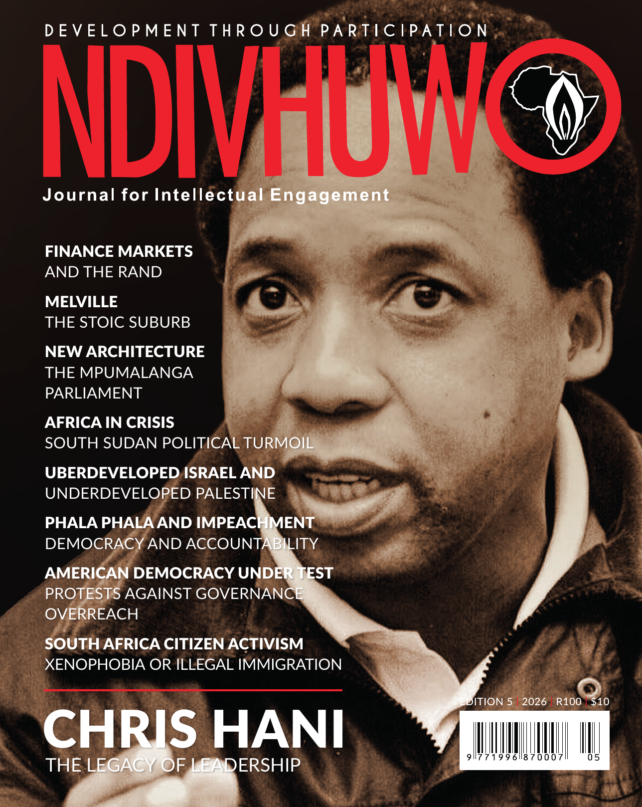 Ndivhuwo Edition 5 cover featuring Chris Hani, titled The Legacy of Leadership