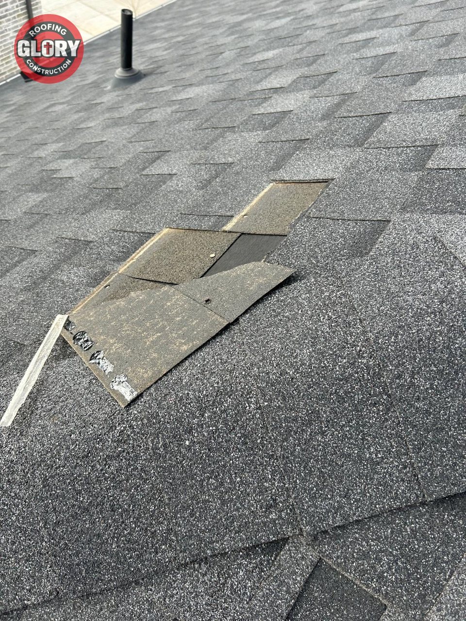 Damaged and missing shingles on a Roofing Glory job