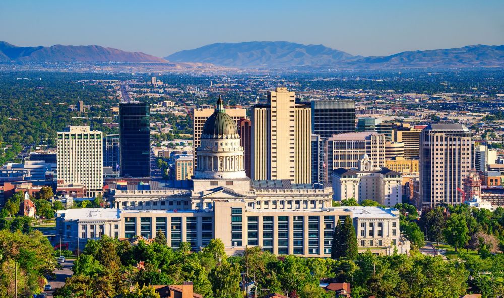 Salt Lake City skyline framed by the Wasatch Mountains