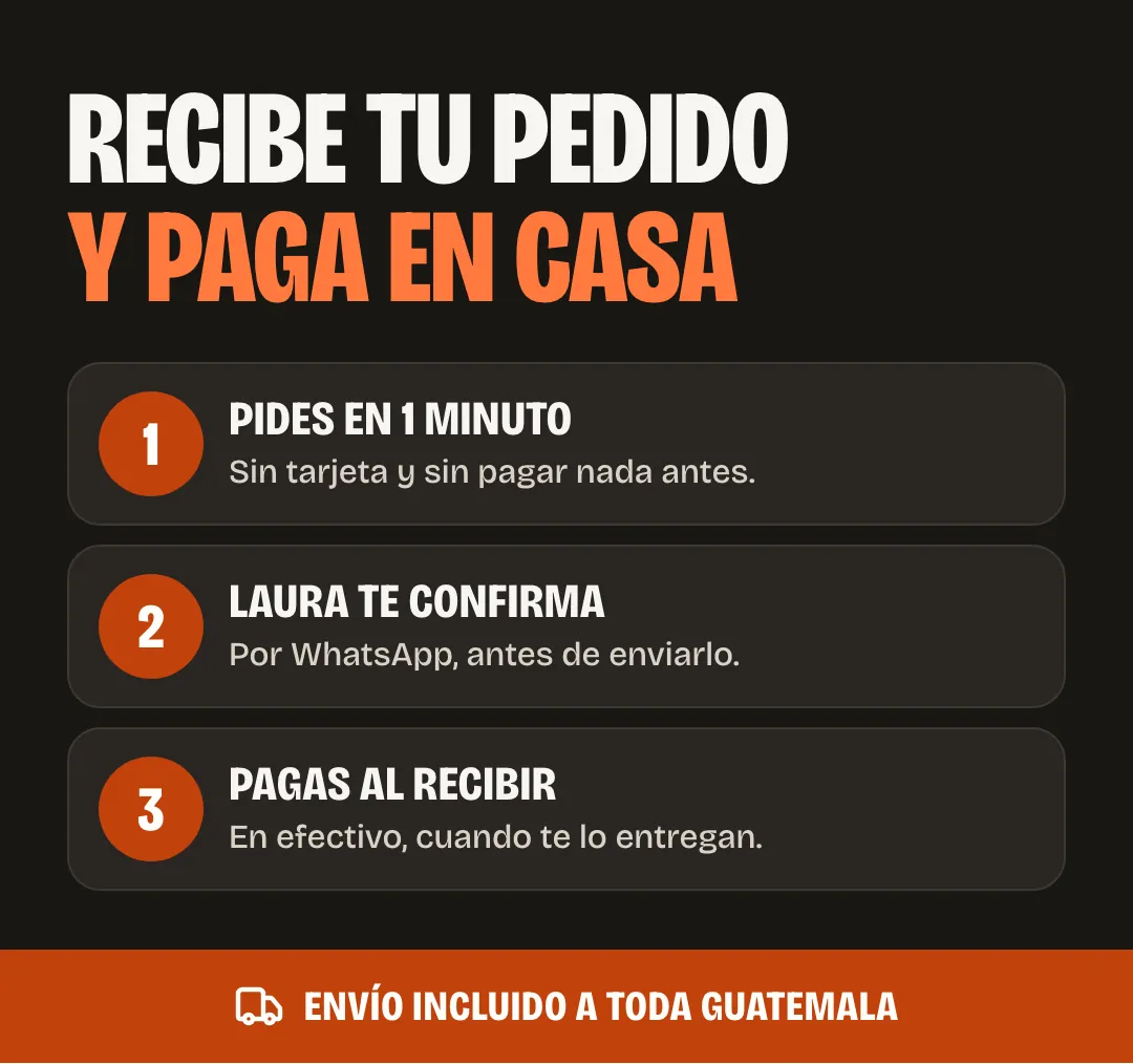 Recibe tu pedido y paga en casa: 1, pides en 1 minuto, sin tarjeta y sin pagar nada antes. 2, Laura te confirma por WhatsApp antes de enviarlo. 3, pagas al recibir en efectivo. Envío incluido a toda Guatemala.